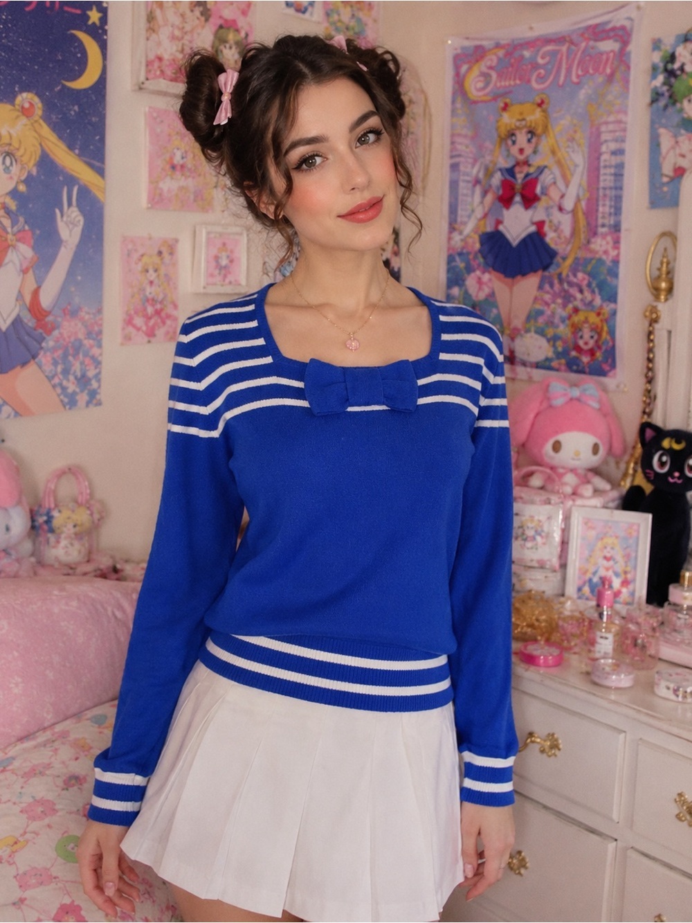 Vintage 1980s Womens Blue Kawaii Sweater Sz S/M Sailor Stripe Bow Wool Angora
